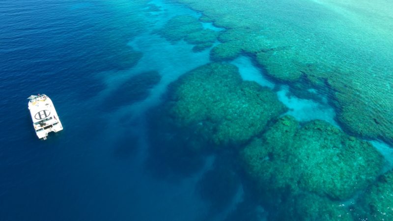 Aerial view of the Great Escape Charter Co vessel near Rowley Shoals